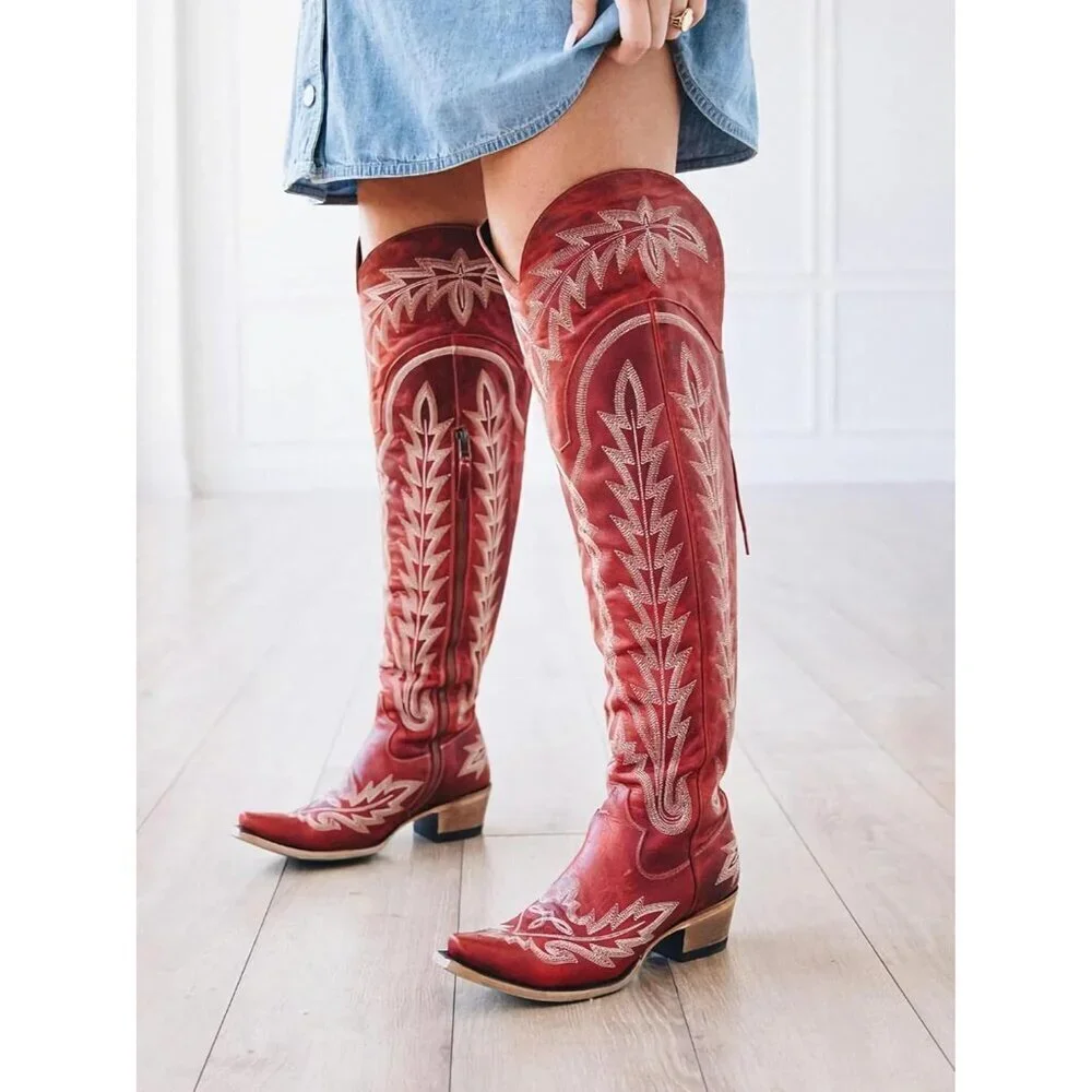 Women Red Polyurethane Over the Knee Cowboy Adjustable Thigh High Cowgirl Boots